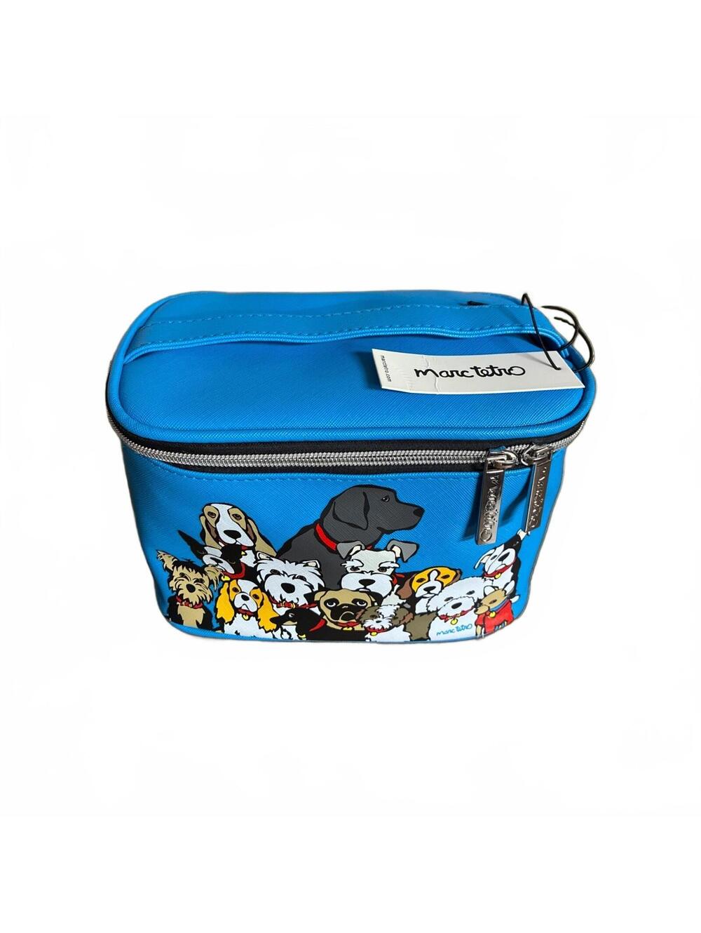 Marc Tetro Blue Dog Print Makeup Bag Cosmetic Case Pug Doxie Boston Terrier NWT